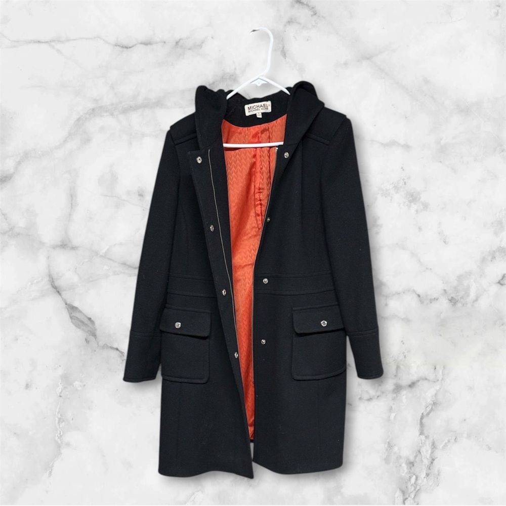 Michael Kors Black Wool Hooded Trench Coat size 12